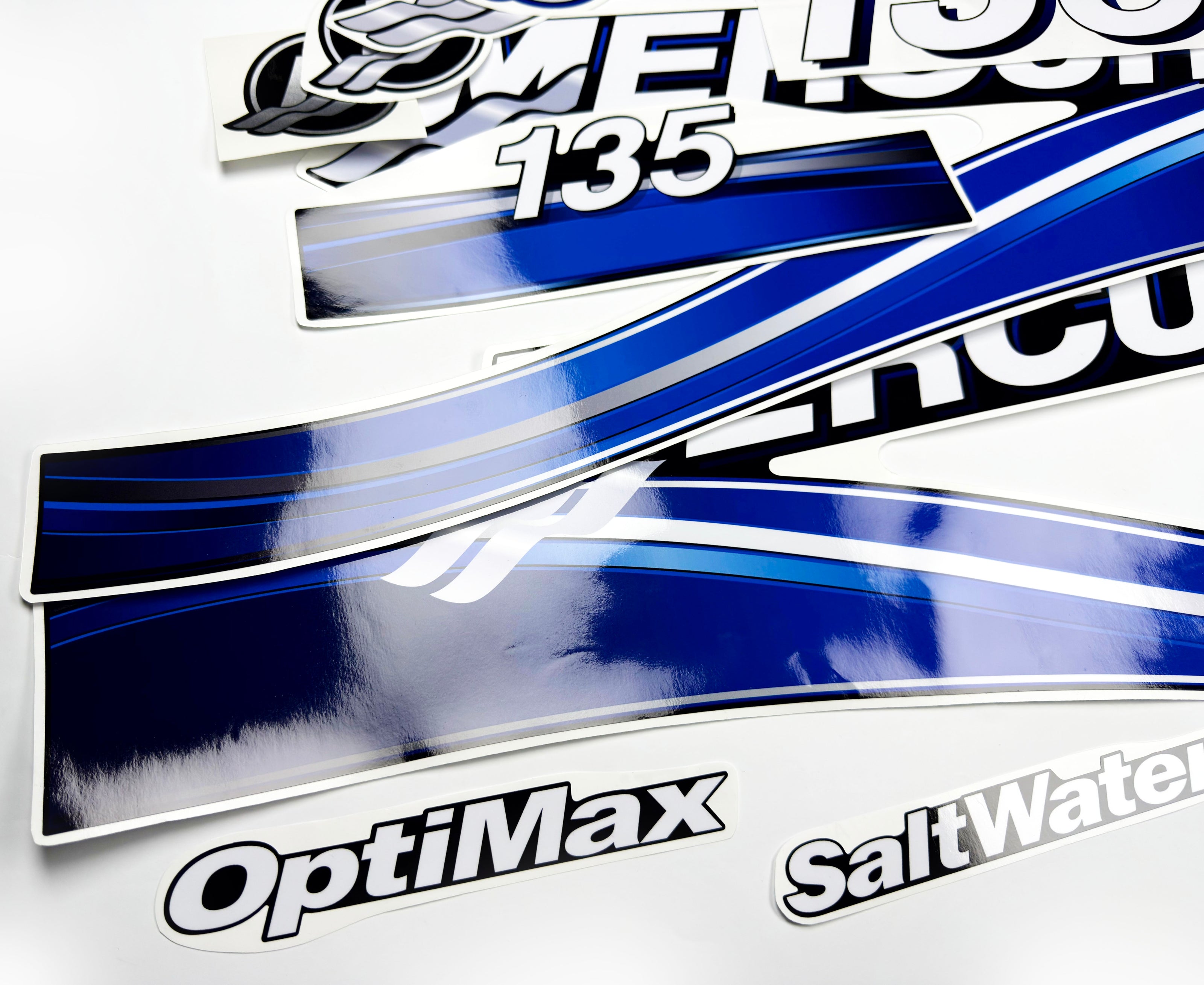 Vinyl graphic blue decals set suitable for Mercury 135 hp OptiMax saltwater two stroke outboard engine. Vinyl blue stickers kit for Mercury 135 hp two stroke Handmade