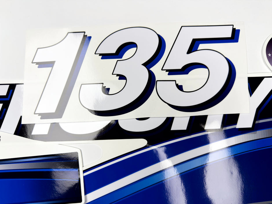 Vinyl graphic blue decals set suitable for Mercury 135 hp OptiMax saltwater two stroke outboard engine. Vinyl blue stickers kit for Mercury 135 hp two stroke Handmade