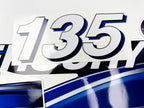 Vinyl graphic blue decals set suitable for Mercury 135 hp OptiMax saltwater two stroke outboard engine. Vinyl blue stickers kit for Mercury 135 hp two stroke Handmade