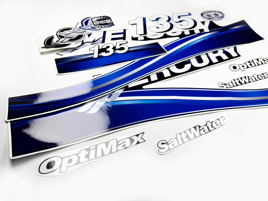 Vinyl graphic blue decals set suitable for Mercury 135 hp OptiMax saltwater two stroke outboard engine. Vinyl blue stickers kit for Mercury 135 hp two stroke Handmade