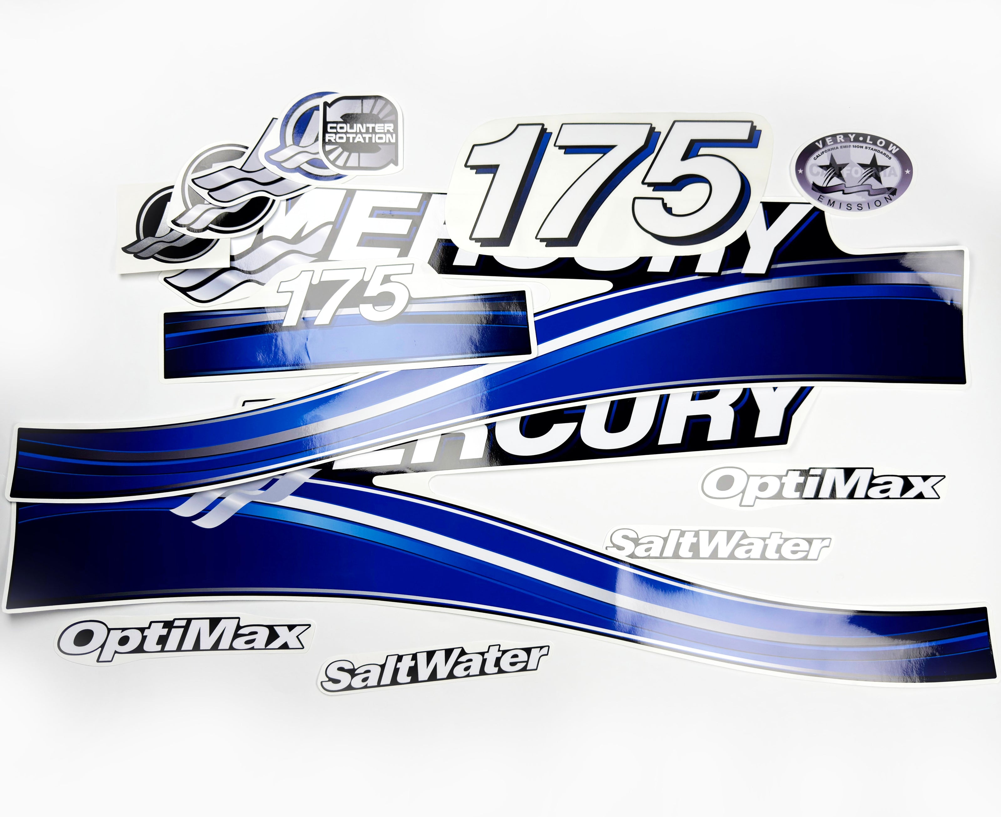 Vinyl graphic blue decals set suitable for Mercury 175 hp OptiMax saltwater two stroke outboard engine. Vinyl blue stickers kit for Mercury 175 hp two stroke Handmade