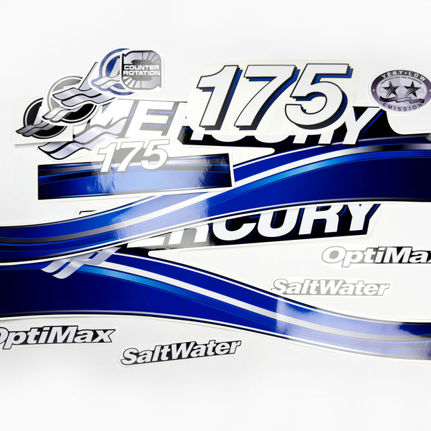 Vinyl graphic blue decals set suitable for Mercury 175 hp OptiMax saltwater two stroke outboard engine. Vinyl blue stickers kit for Mercury 175 hp two stroke Handmade
