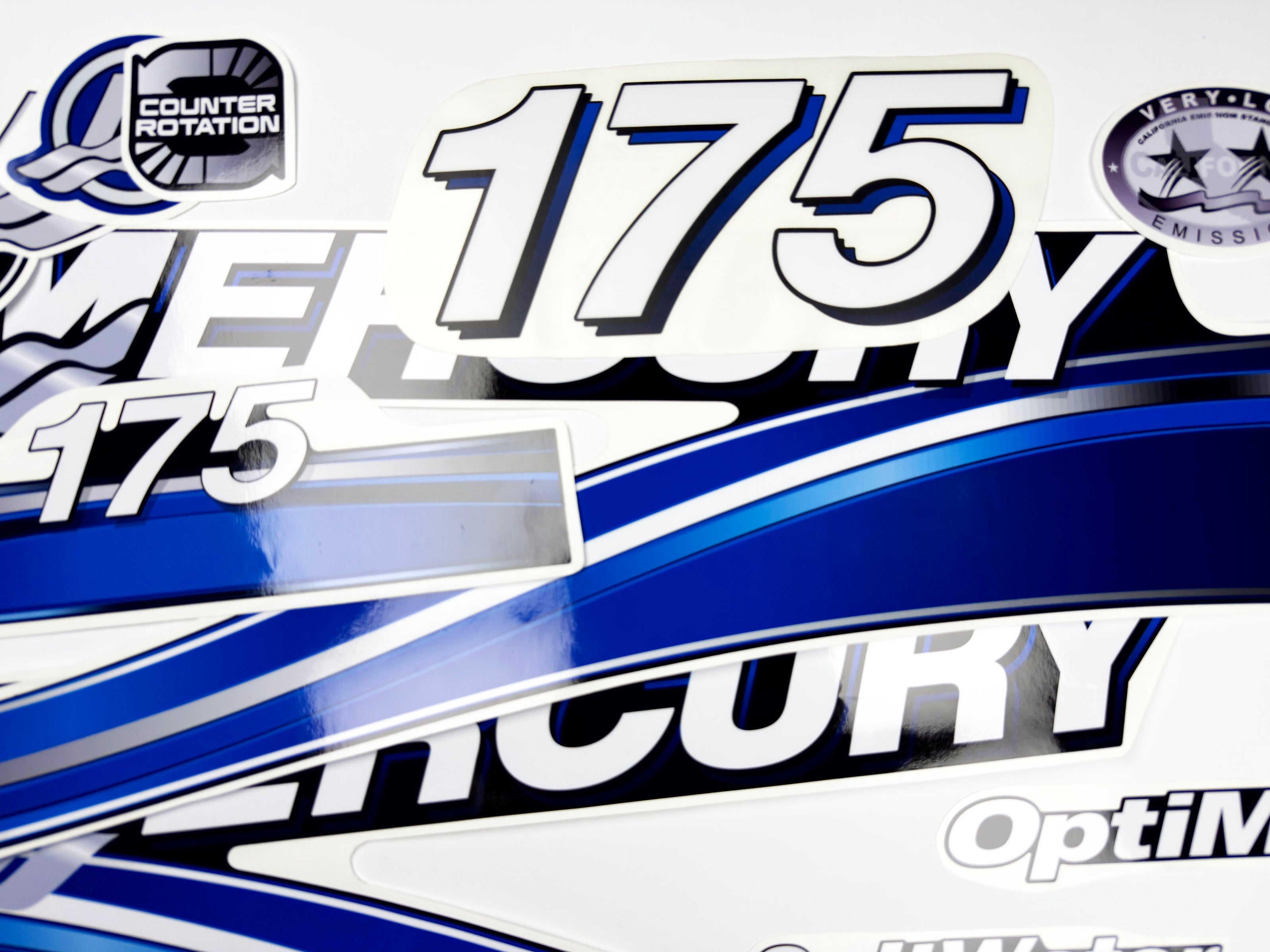 Vinyl graphic blue decals set suitable for Mercury 175 hp OptiMax saltwater two stroke outboard engine. Vinyl blue stickers kit for Mercury 175 hp two stroke Handmade