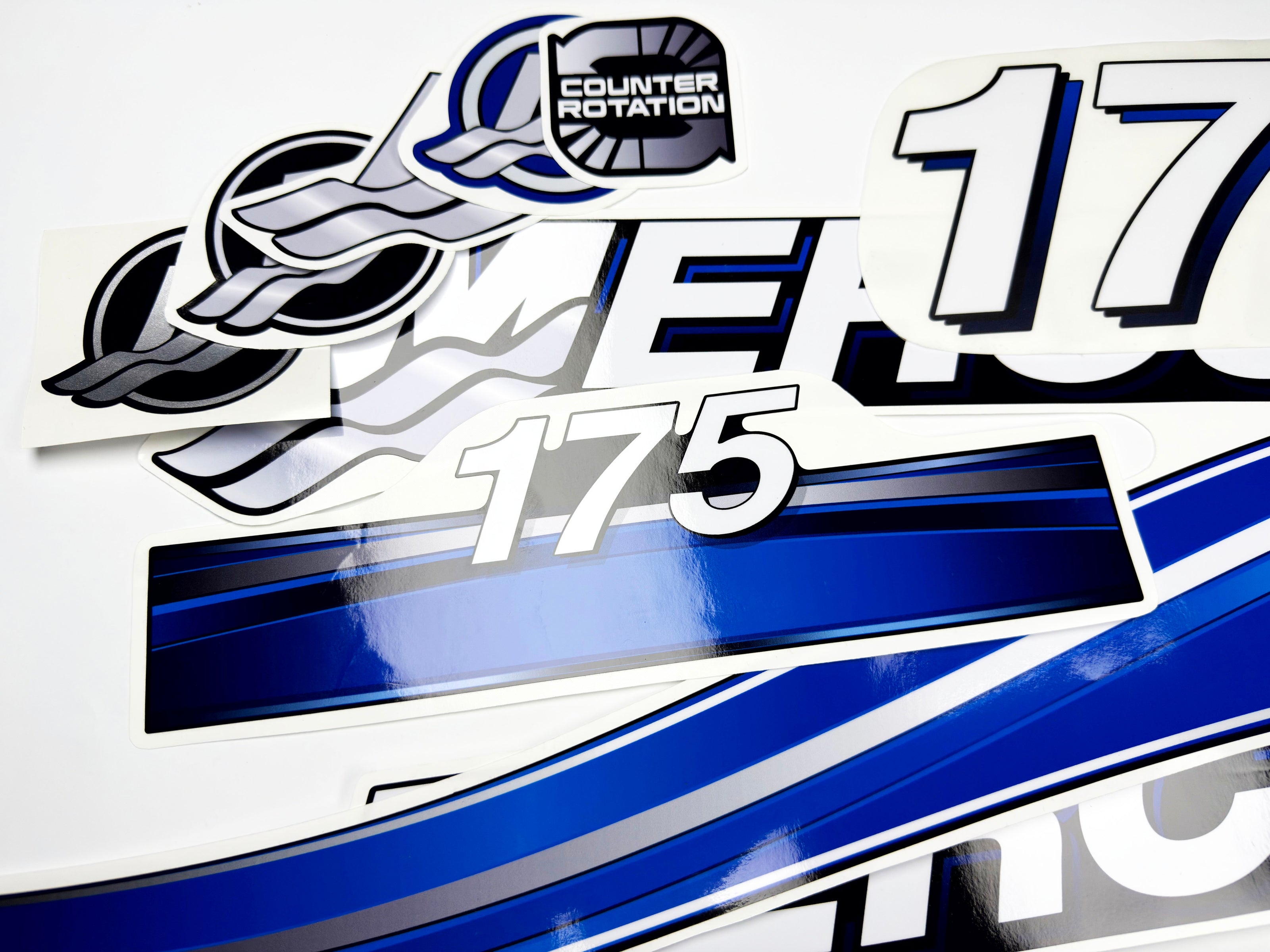 Vinyl graphic blue decals set suitable for Mercury 175 hp OptiMax saltwater two stroke outboard engine. Vinyl blue stickers kit for Mercury 175 hp two stroke Handmade