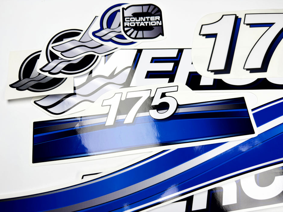 Vinyl graphic blue decals set suitable for Mercury 175 hp OptiMax saltwater two stroke outboard engine. Vinyl blue stickers kit for Mercury 175 hp two stroke Handmade