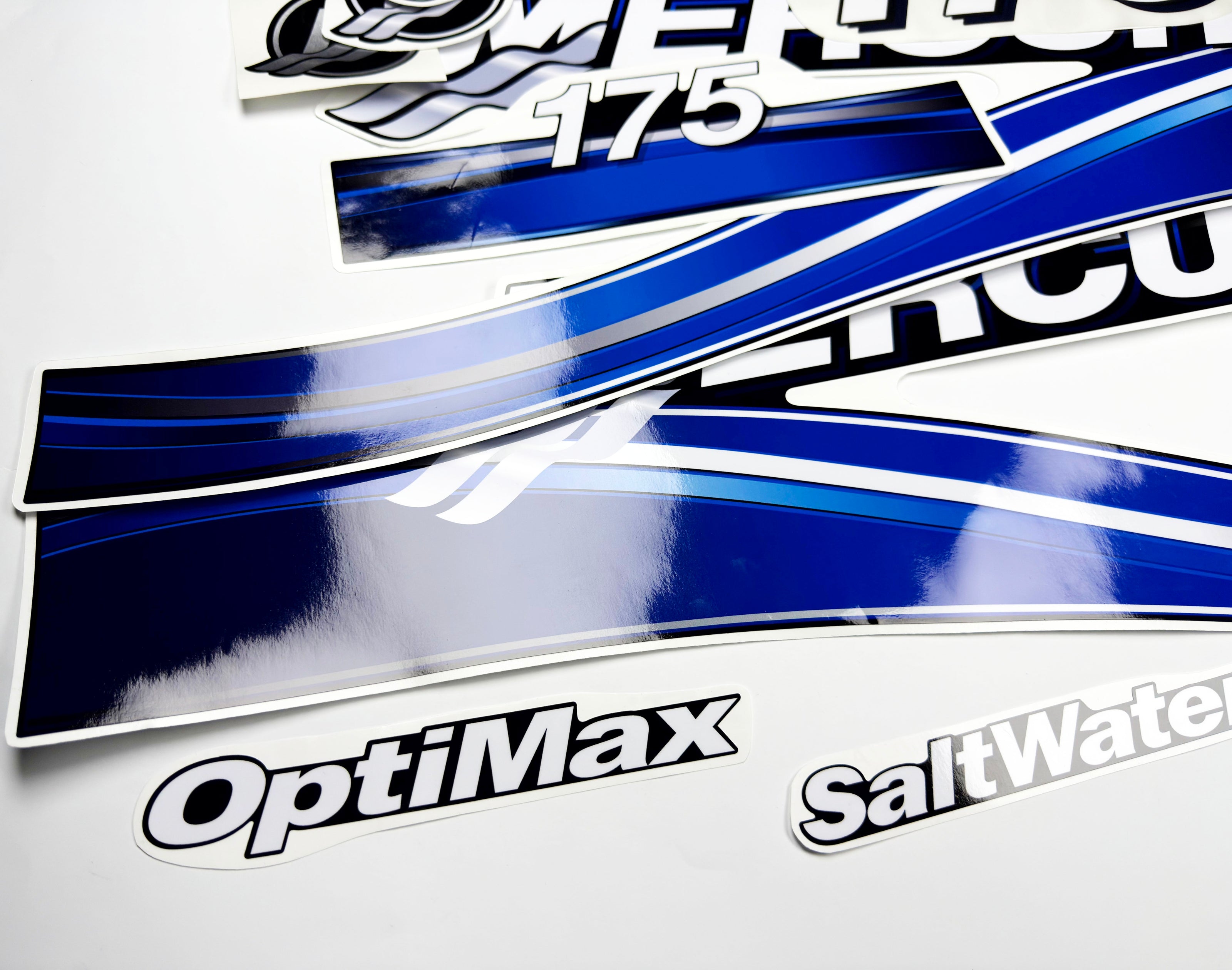 Vinyl graphic blue decals set suitable for Mercury 175 hp OptiMax saltwater two stroke outboard engine. Vinyl blue stickers kit for Mercury 175 hp two stroke Handmade