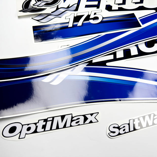 Vinyl graphic blue decals set suitable for Mercury 175 hp OptiMax saltwater two stroke outboard engine. Vinyl blue stickers kit for Mercury 175 hp two stroke Handmade