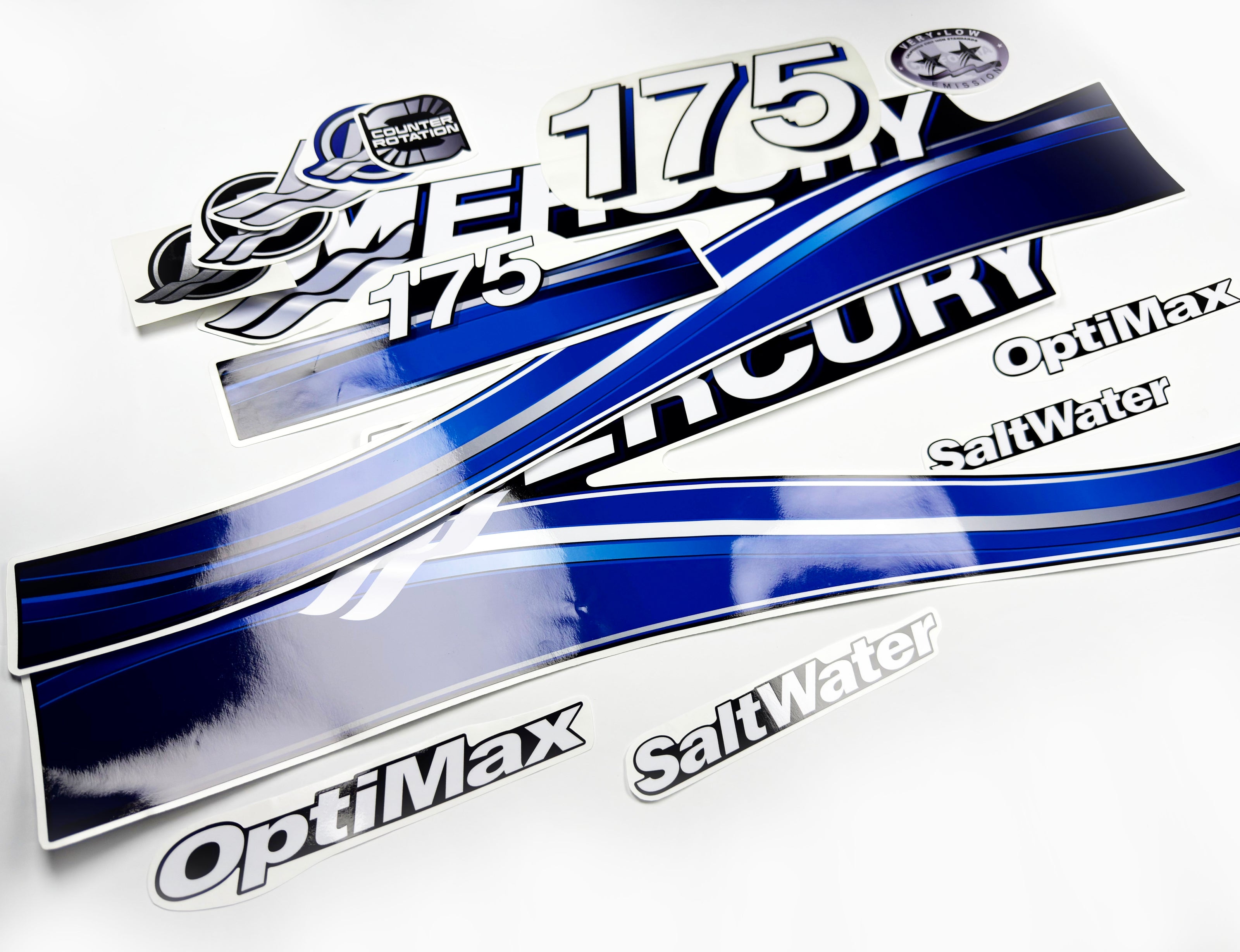 Vinyl graphic blue decals set suitable for Mercury 175 hp OptiMax saltwater two stroke outboard engine. Vinyl blue stickers kit for Mercury 175 hp two stroke Handmade