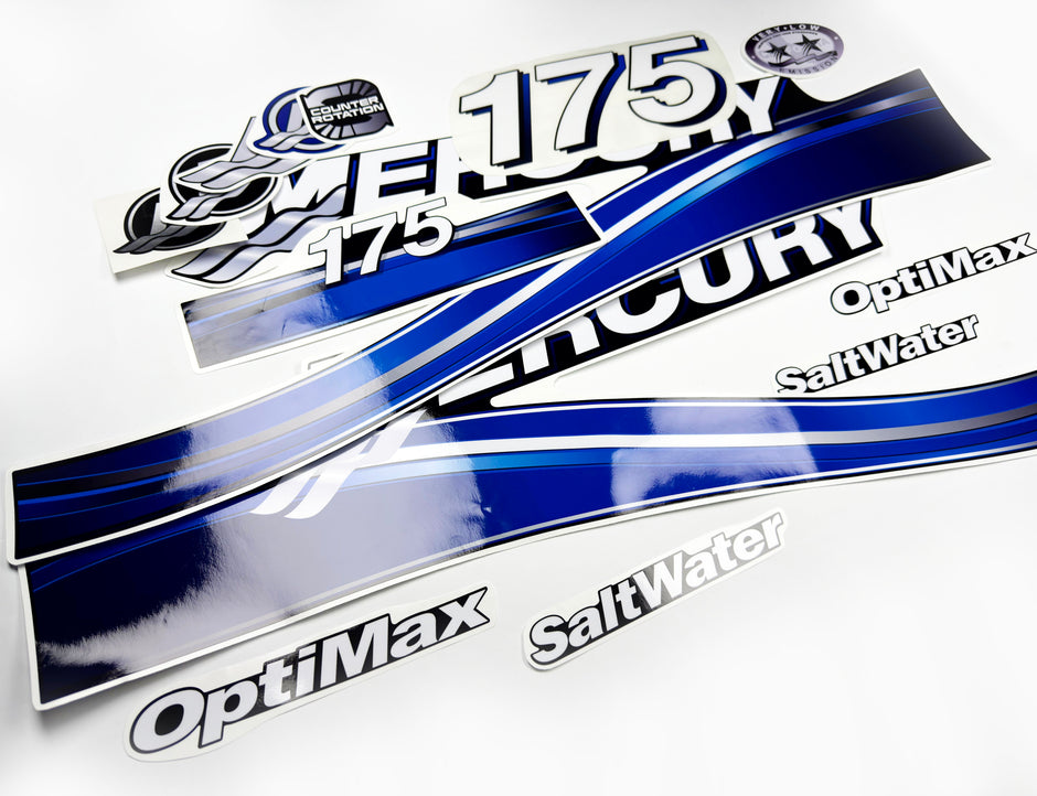Vinyl graphic blue decals set suitable for Mercury 175 hp OptiMax saltwater two stroke outboard engine. Vinyl blue stickers kit for Mercury 175 hp two stroke Handmade