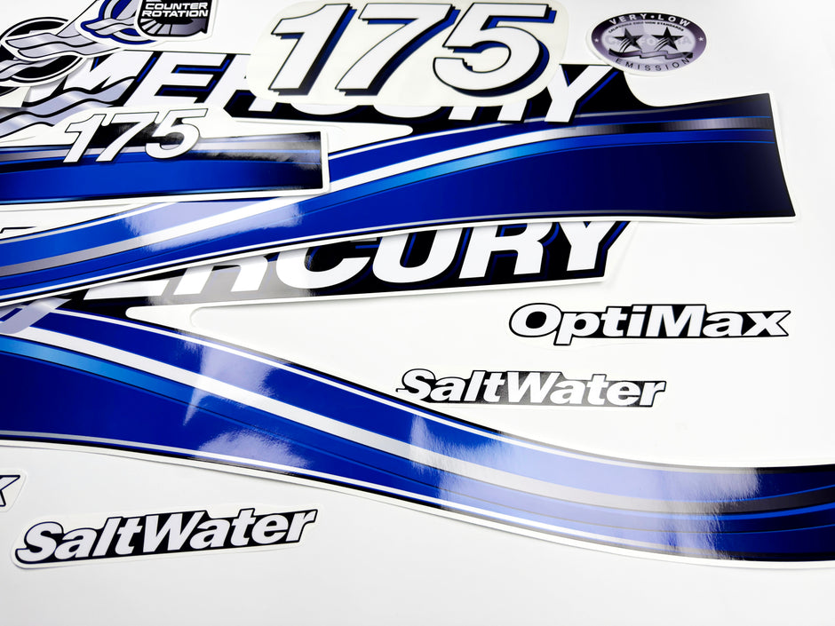 Vinyl graphic blue decals set suitable for Mercury 175 hp OptiMax saltwater two stroke outboard engine. Vinyl blue stickers kit for Mercury 175 hp two stroke Handmade