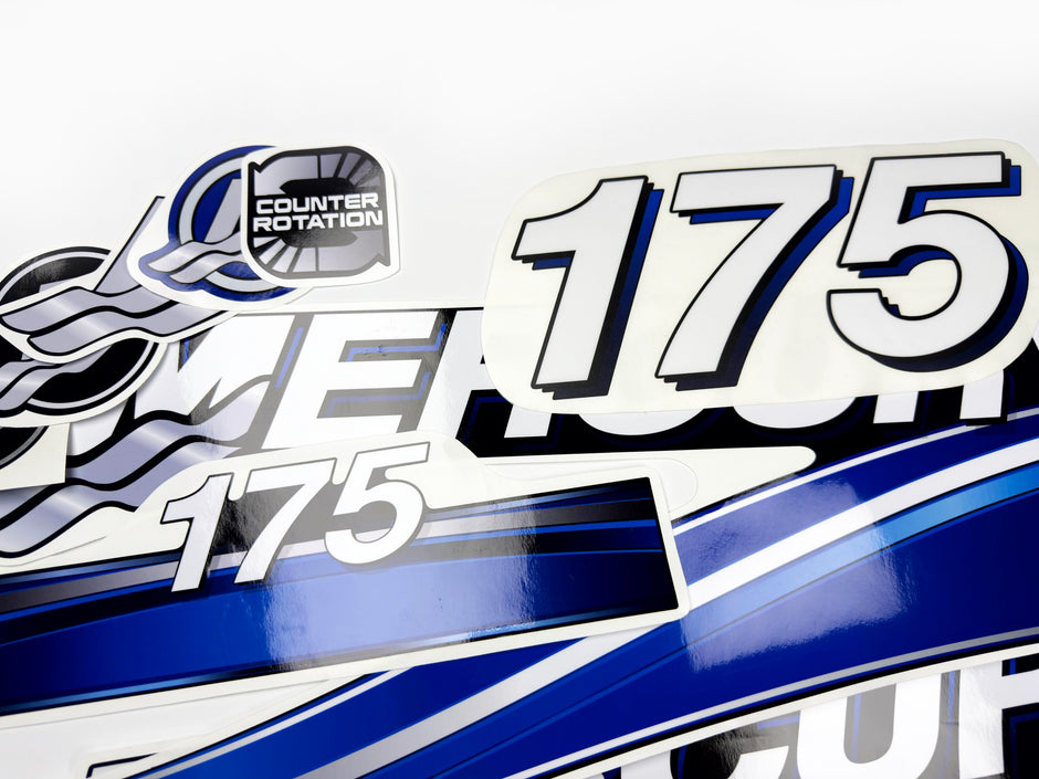 Vinyl graphic blue decals set suitable for Mercury 175 hp OptiMax saltwater two stroke outboard engine. Vinyl blue stickers kit for Mercury 175 hp two stroke Handmade