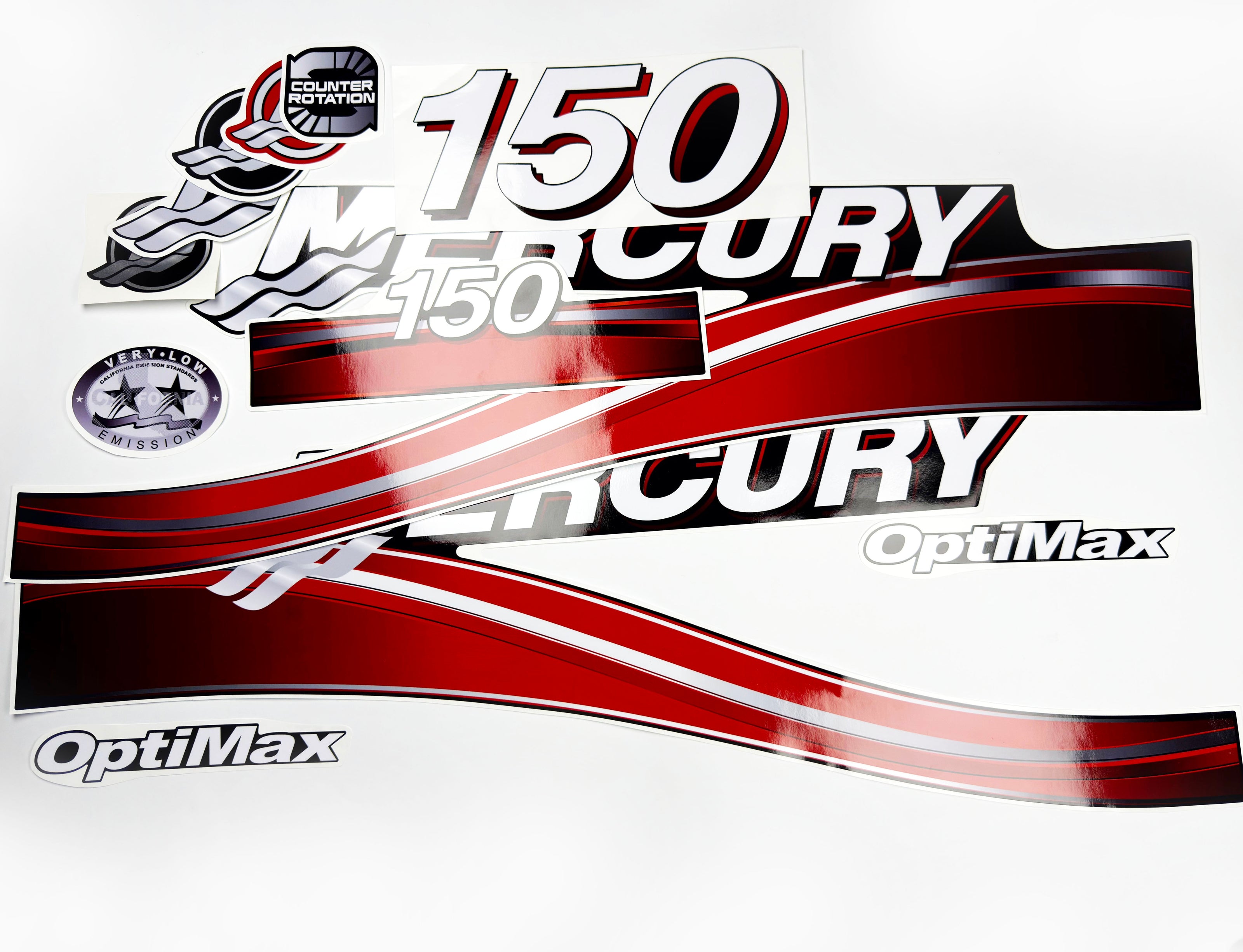 Vinyl graphic red decals set suitable for Mercury 150 hp OptiMax two stroke outboard engine. Vinyl red stickers kit for Mercury 150 hp two stroke Handmade