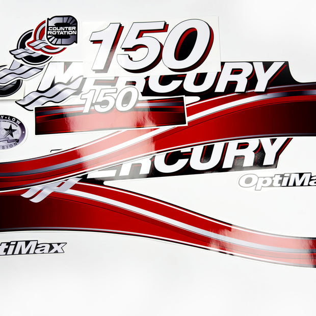 Vinyl graphic red decals set suitable for Mercury 150 hp OptiMax two stroke outboard engine. Vinyl red stickers kit for Mercury 150 hp two stroke Handmade