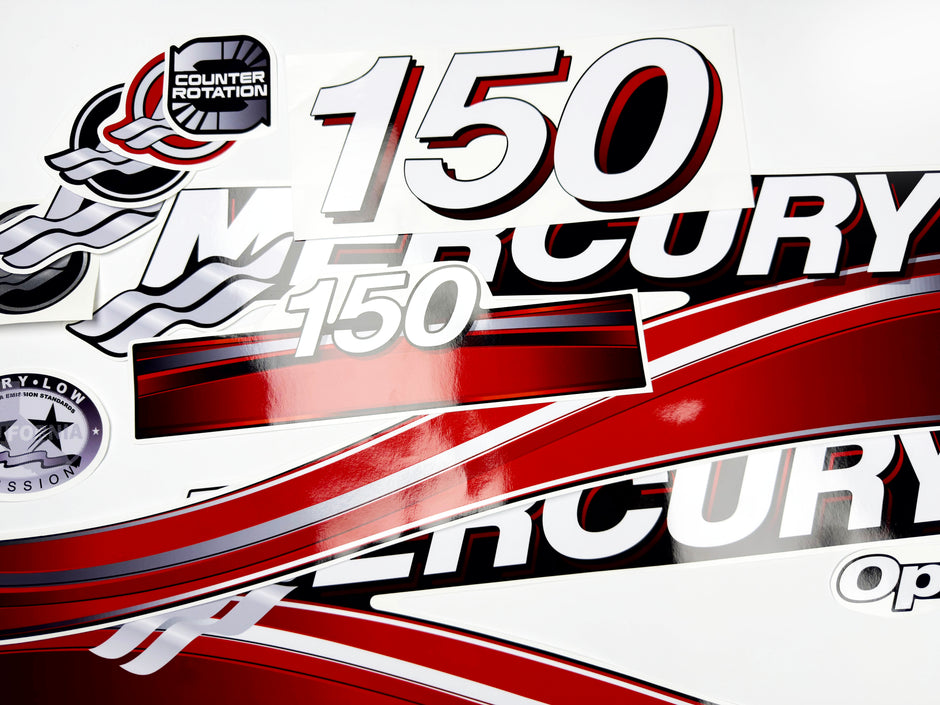 Vinyl graphic red decals set suitable for Mercury 150 hp OptiMax two stroke outboard engine. Vinyl red stickers kit for Mercury 150 hp two stroke Handmade