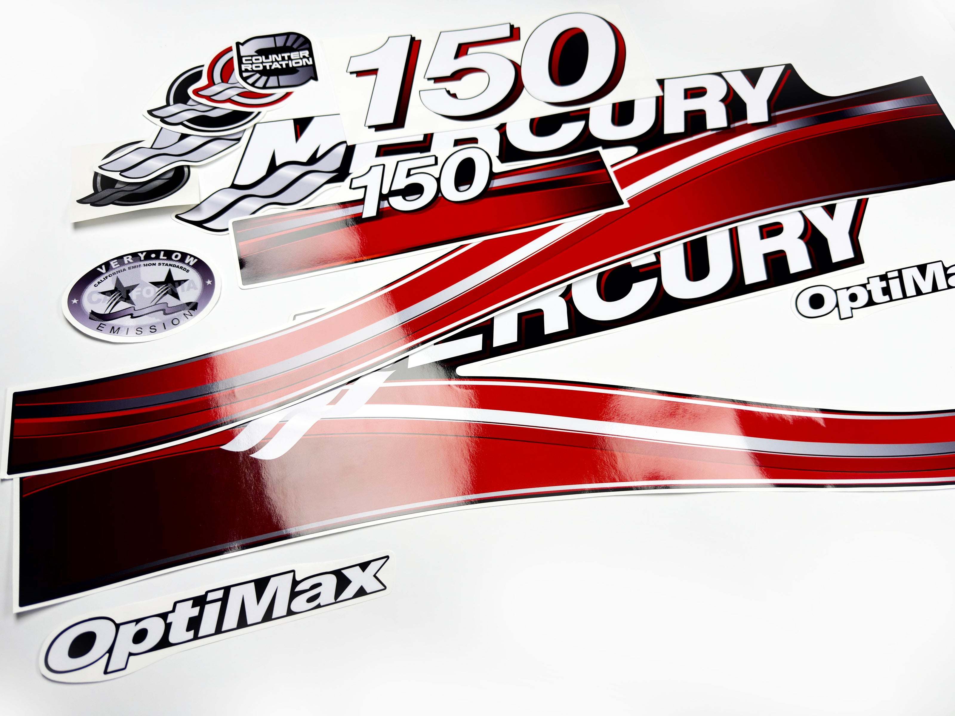 Vinyl graphic red decals set suitable for Mercury 150 hp OptiMax two stroke outboard engine. Vinyl red stickers kit for Mercury 150 hp two stroke Handmade