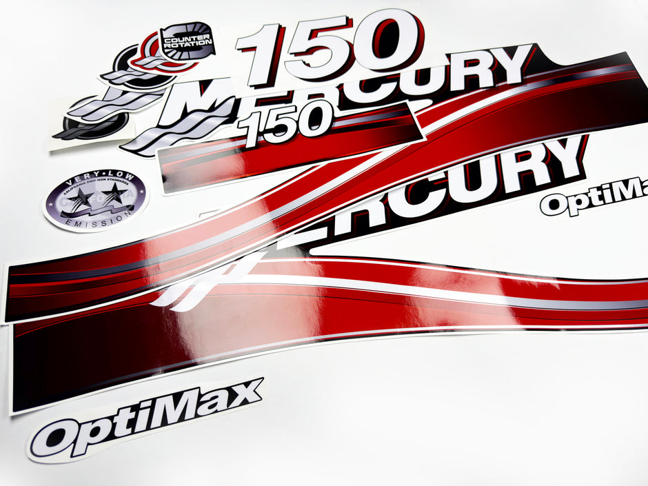 Vinyl graphic red decals set suitable for Mercury 150 hp OptiMax two stroke outboard engine. Vinyl red stickers kit for Mercury 150 hp two stroke Handmade