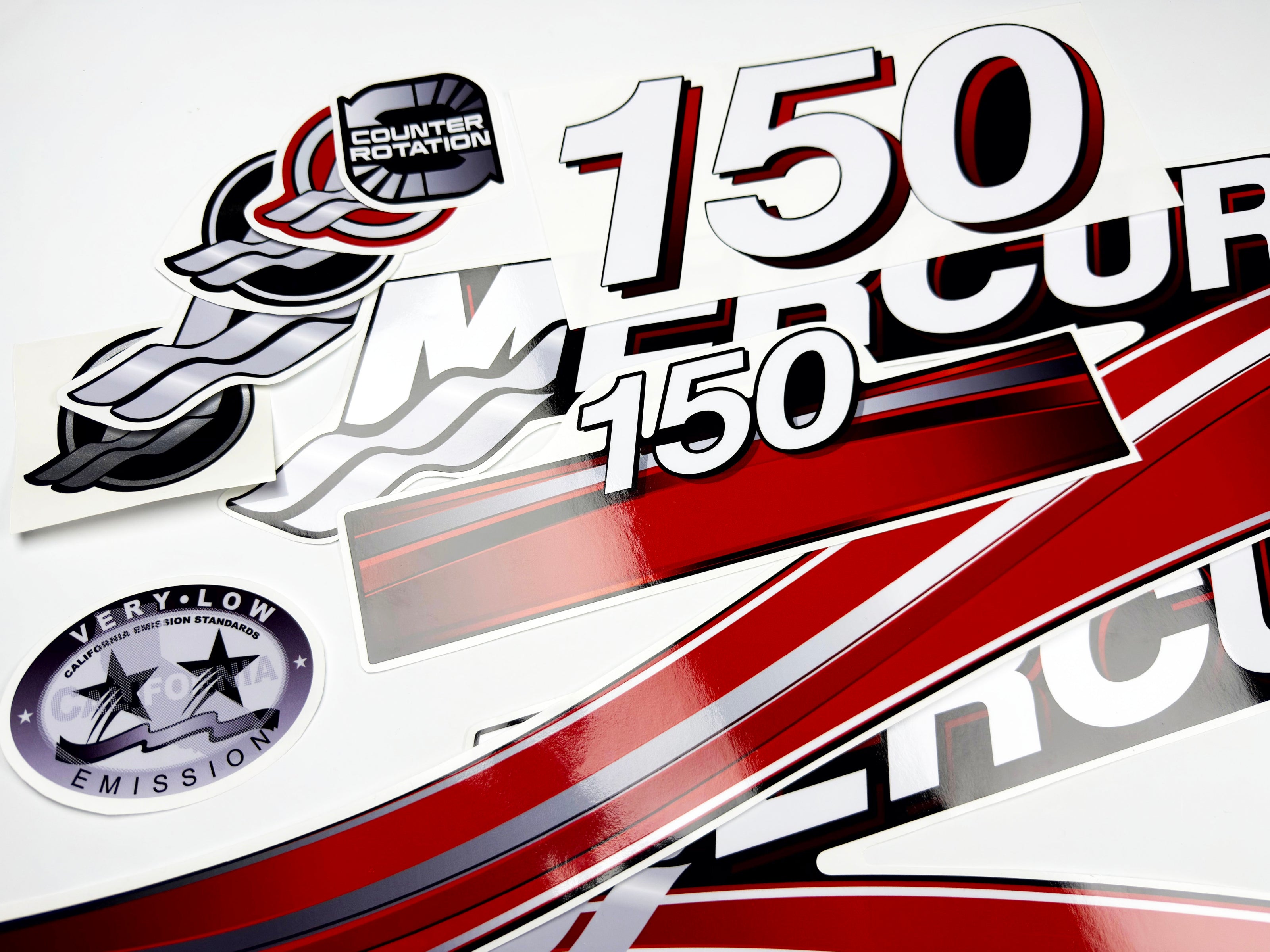 Vinyl graphic red decals set suitable for Mercury 150 hp OptiMax two stroke outboard engine. Vinyl red stickers kit for Mercury 150 hp two stroke Handmade