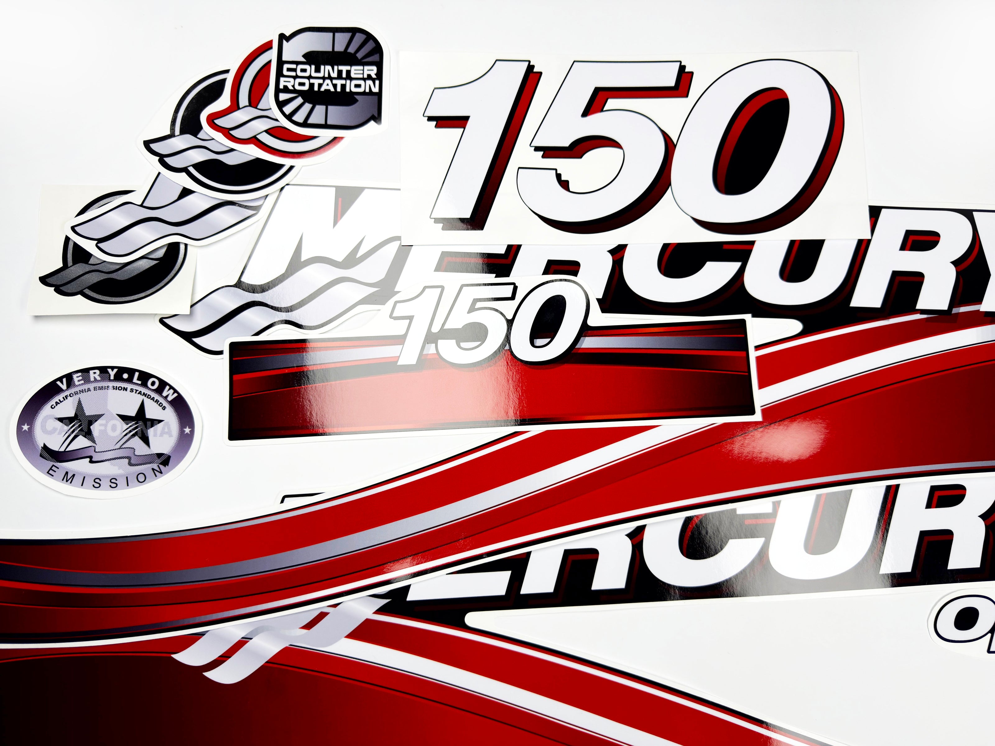 Vinyl graphic red decals set suitable for Mercury 150 hp OptiMax two stroke outboard engine. Vinyl red stickers kit for Mercury 150 hp two stroke Handmade