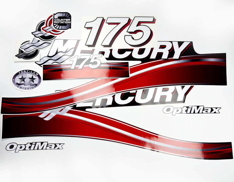 Vinyl graphic red decals set suitable for Mercury 175 hp OptiMax two stroke outboard engine. Vinyl red stickers kit for Mercury 175 hp two stroke Handmade