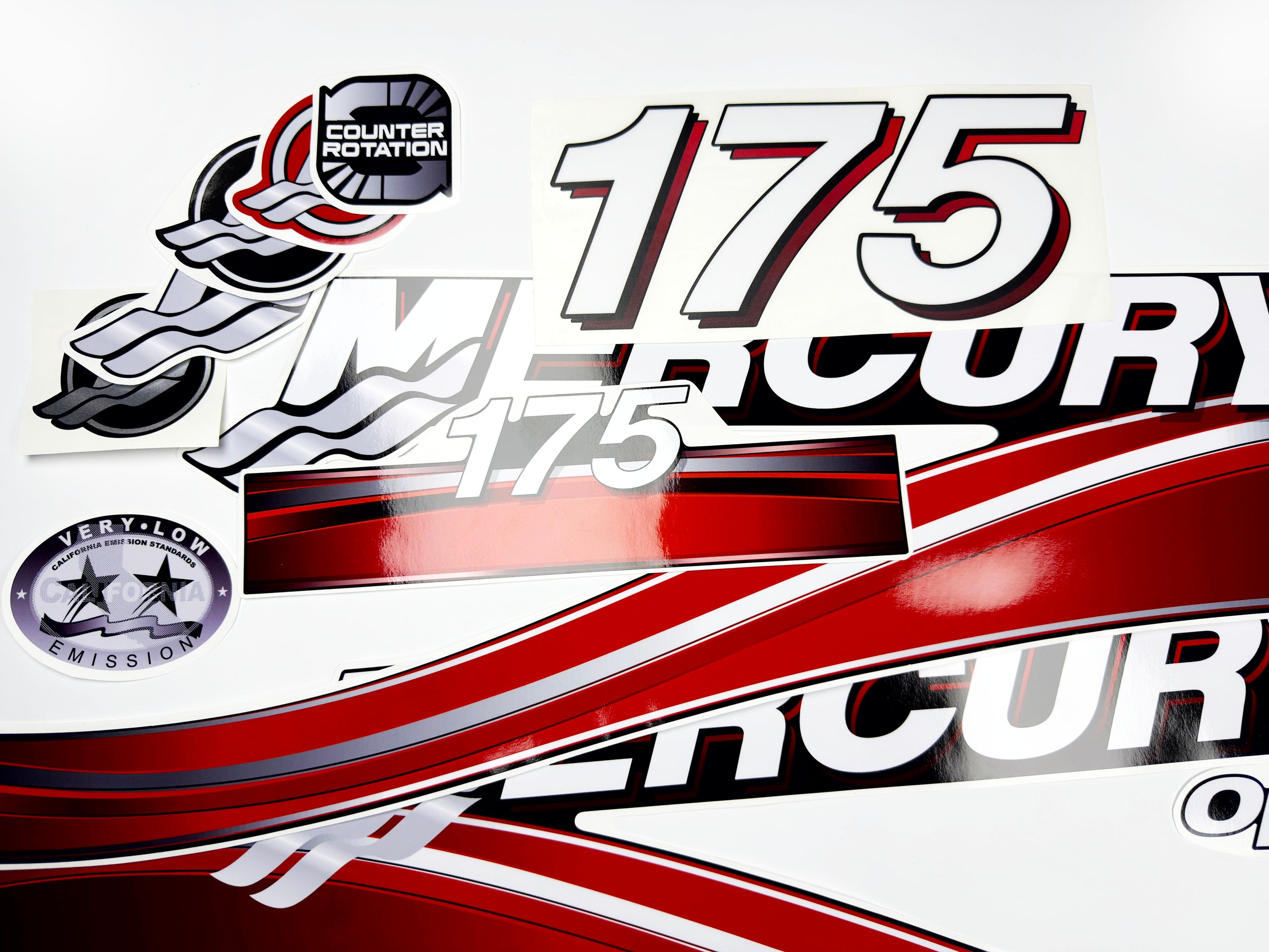Vinyl graphic red decals set suitable for Mercury 175 hp OptiMax two stroke outboard engine. Vinyl red stickers kit for Mercury 175 hp two stroke Handmade