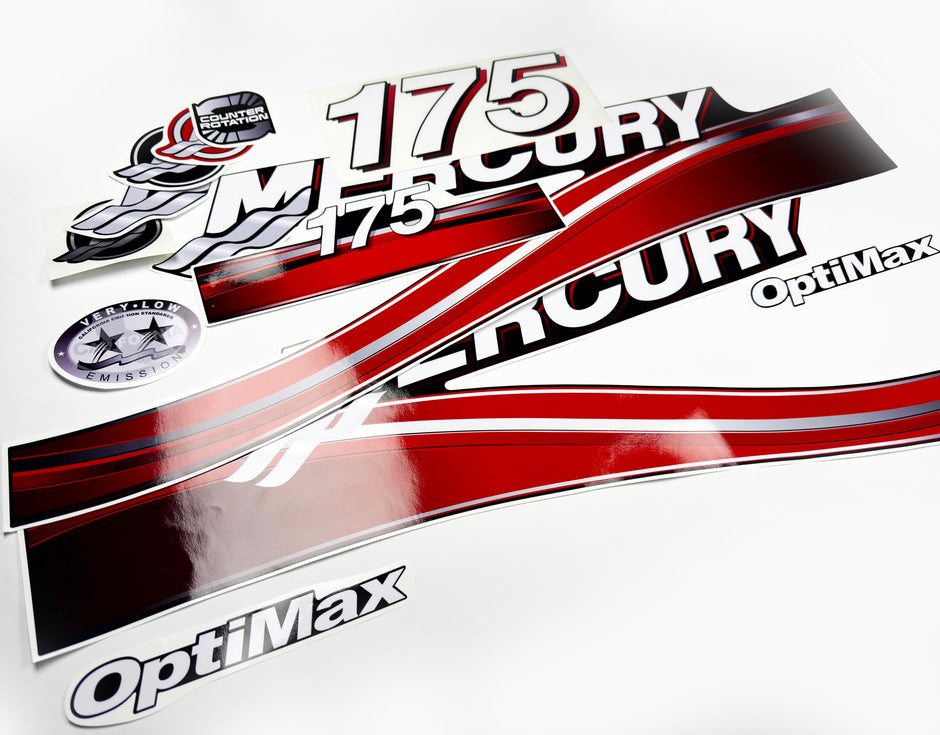 Vinyl graphic red decals set suitable for Mercury 175 hp OptiMax two stroke outboard engine. Vinyl red stickers kit for Mercury 175 hp two stroke Handmade
