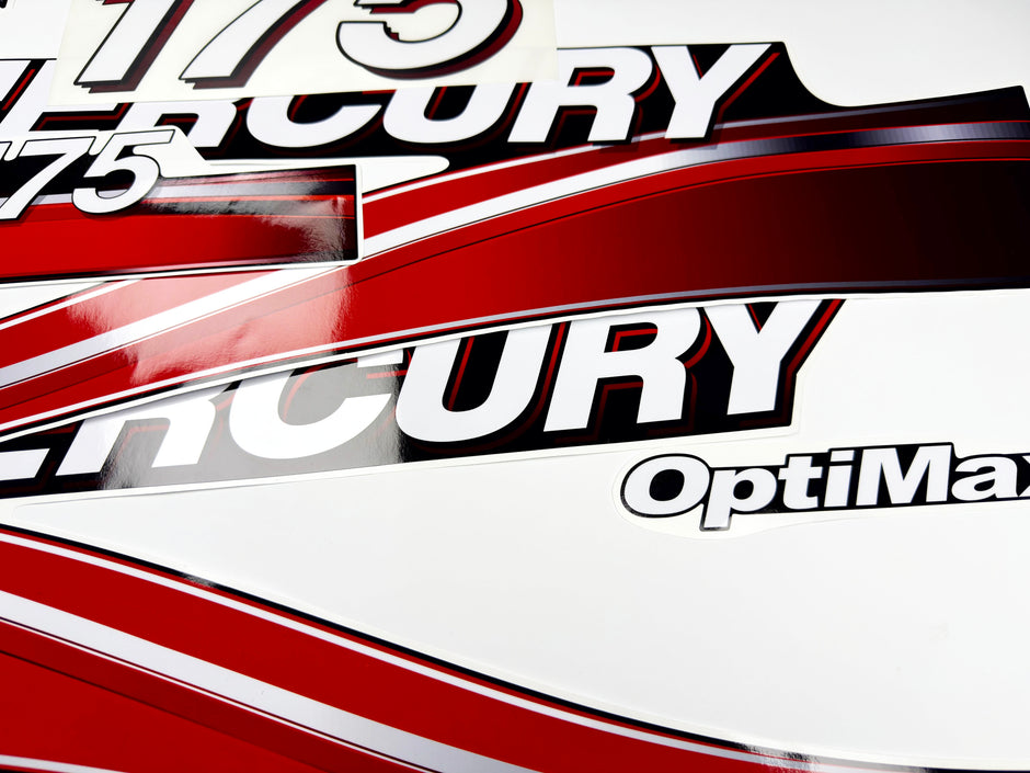 Vinyl graphic red decals set suitable for Mercury 175 hp OptiMax two stroke outboard engine. Vinyl red stickers kit for Mercury 175 hp two stroke Handmade