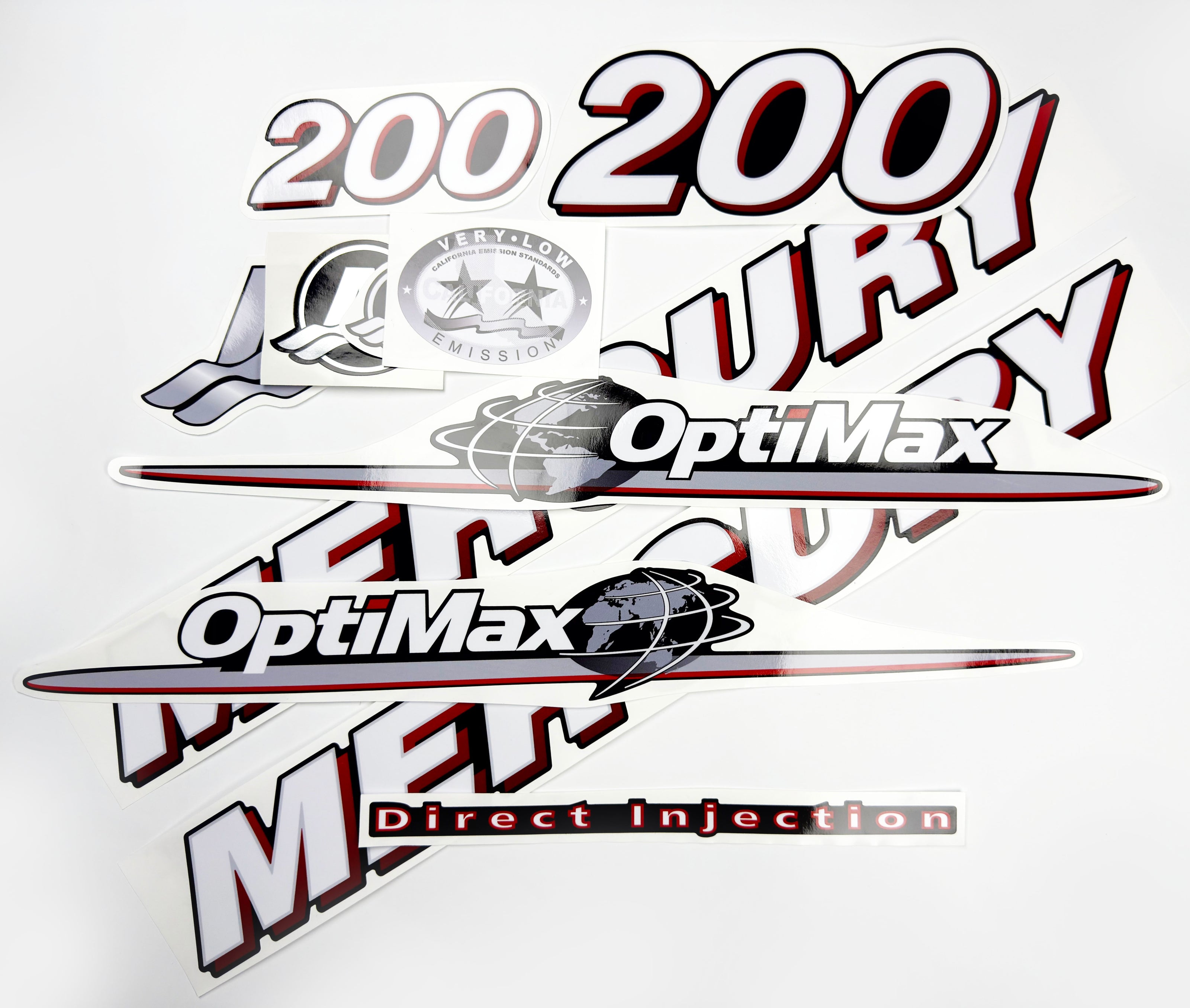 Vinyl graphic red and white decals set suitable for Mercury 200 hp OptiMax two stroke outboard engine. Vinyl red stickers kit for Mercury 200 hp two stroke Handmade