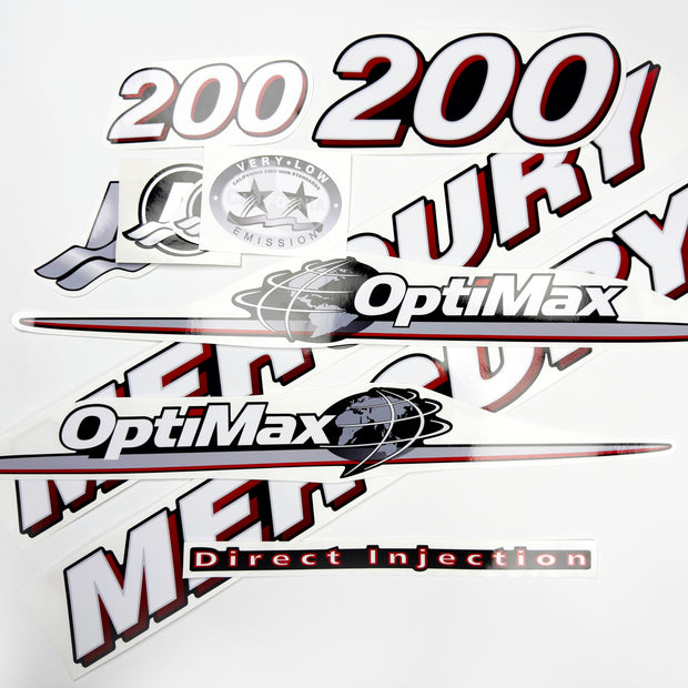 Vinyl graphic red and white decals set suitable for Mercury 200 hp OptiMax two stroke outboard engine. Vinyl red stickers kit for Mercury 200 hp two stroke Handmade