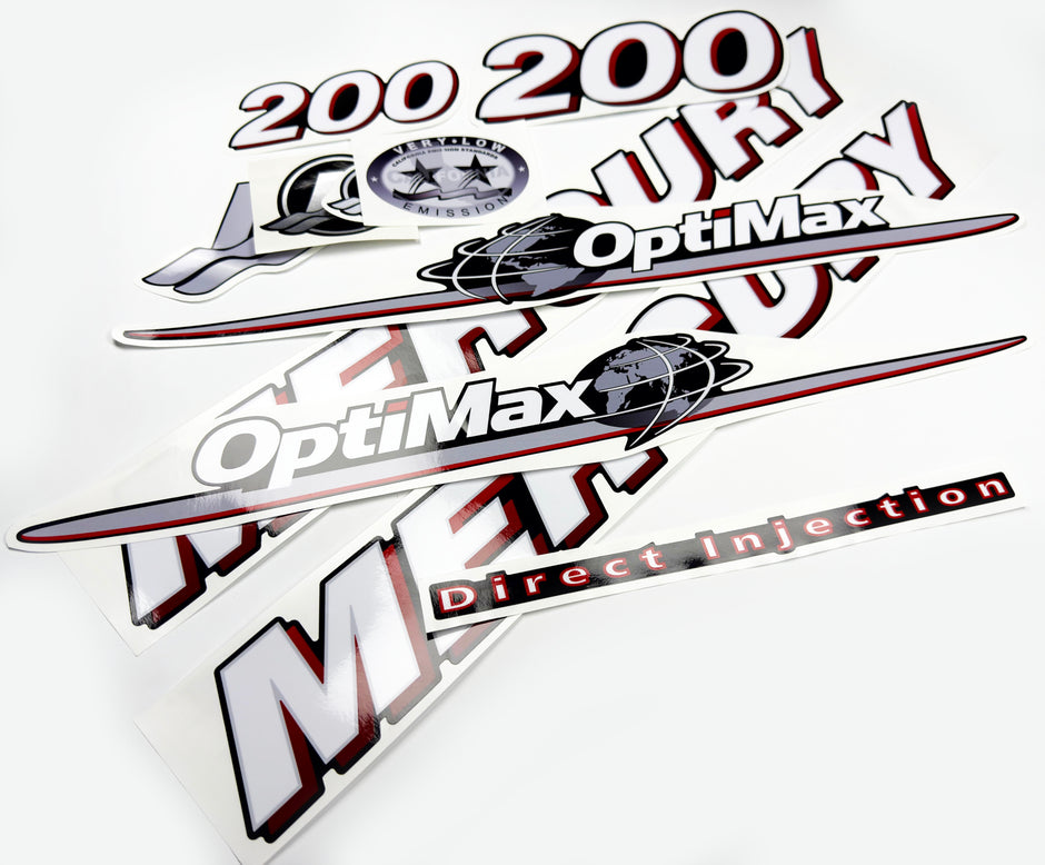 Vinyl graphic red and white decals set suitable for Mercury 200 hp OptiMax two stroke outboard engine. Vinyl red stickers kit for Mercury 200 hp two stroke Handmade