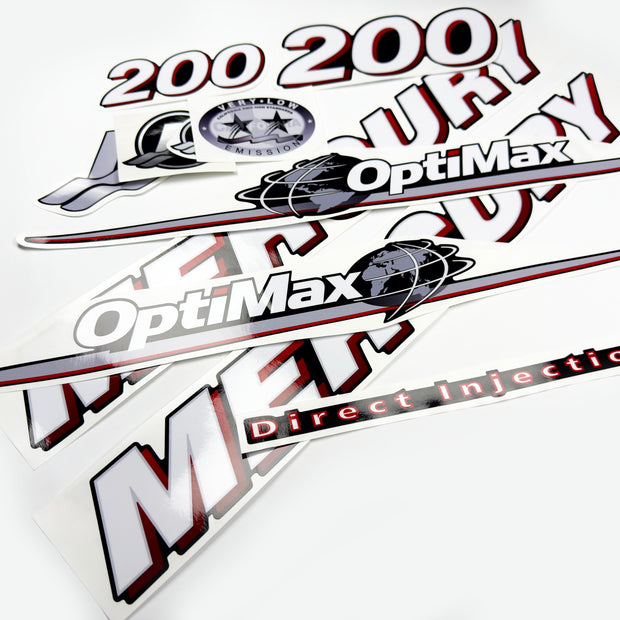 Vinyl graphic red and white decals set suitable for Mercury 200 hp OptiMax two stroke outboard engine. Vinyl red stickers kit for Mercury 200 hp two stroke Handmade