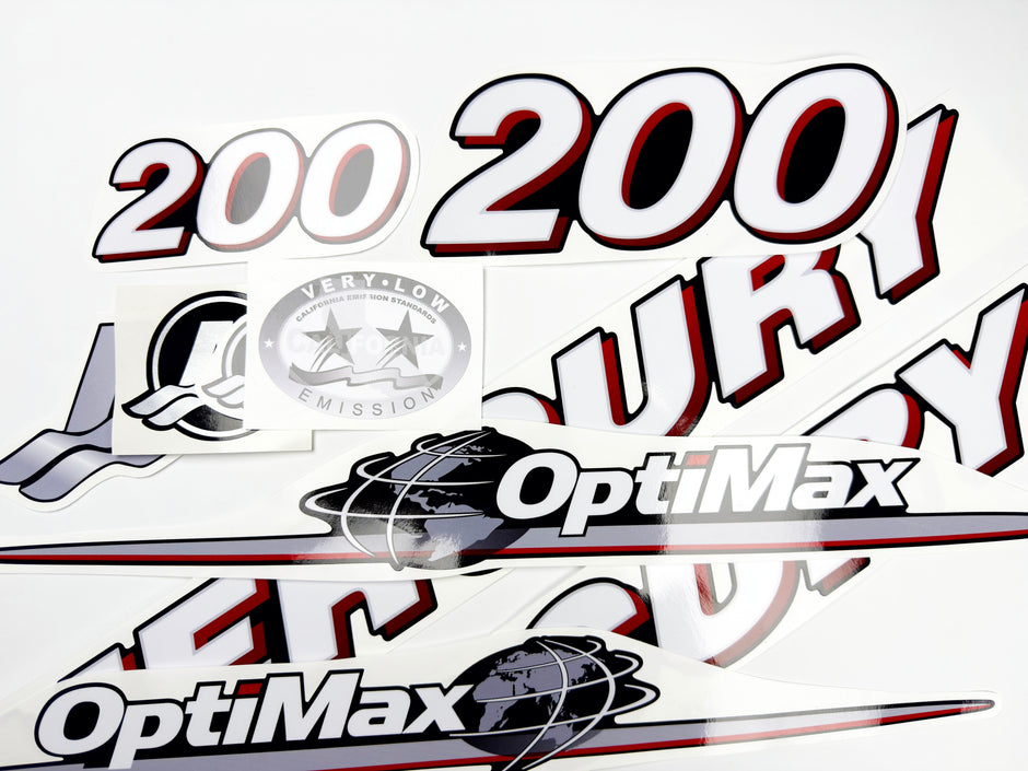 Vinyl graphic red and white decals set suitable for Mercury 200 hp OptiMax two stroke outboard engine. Vinyl red stickers kit for Mercury 200 hp two stroke Handmade