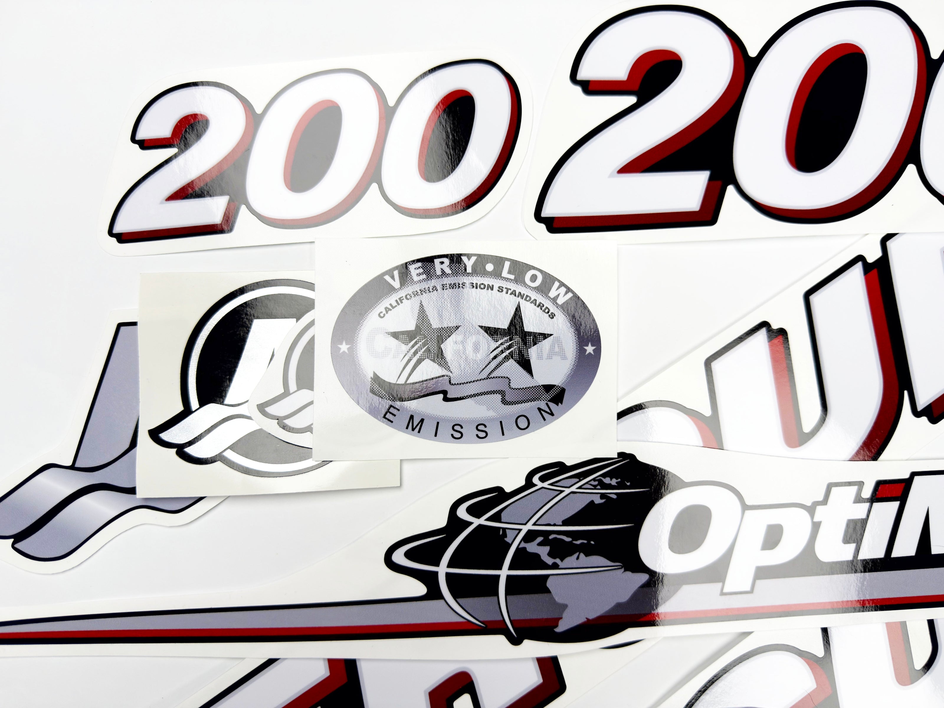 Vinyl graphic red and white decals set suitable for Mercury 200 hp OptiMax two stroke outboard engine. Vinyl red stickers kit for Mercury 200 hp two stroke Handmade