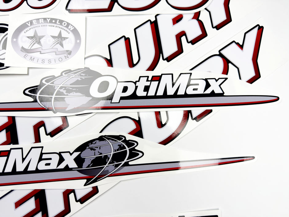 Vinyl graphic red and white decals set suitable for Mercury 200 hp OptiMax two stroke outboard engine. Vinyl red stickers kit for Mercury 200 hp two stroke Handmade