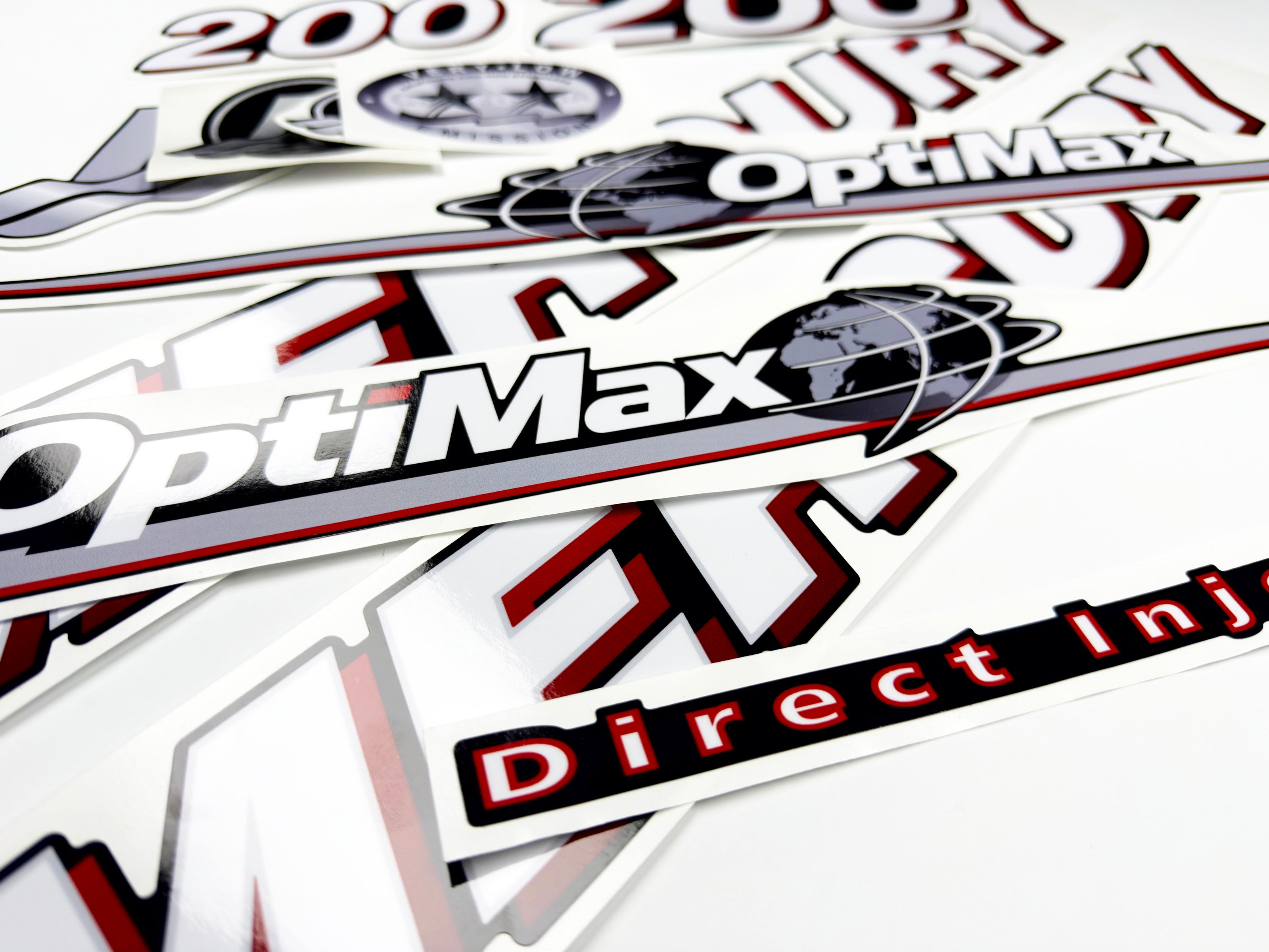 Vinyl graphic red and white decals set suitable for Mercury 200 hp OptiMax two stroke outboard engine. Vinyl red stickers kit for Mercury 200 hp two stroke Handmade