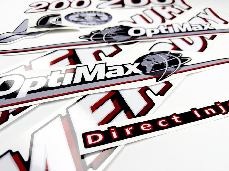 Vinyl graphic red and white decals set suitable for Mercury 225 hp OptiMax two stroke outboard engine. Vinyl red stickers kit for Mercury 225 hp two stroke Handmade