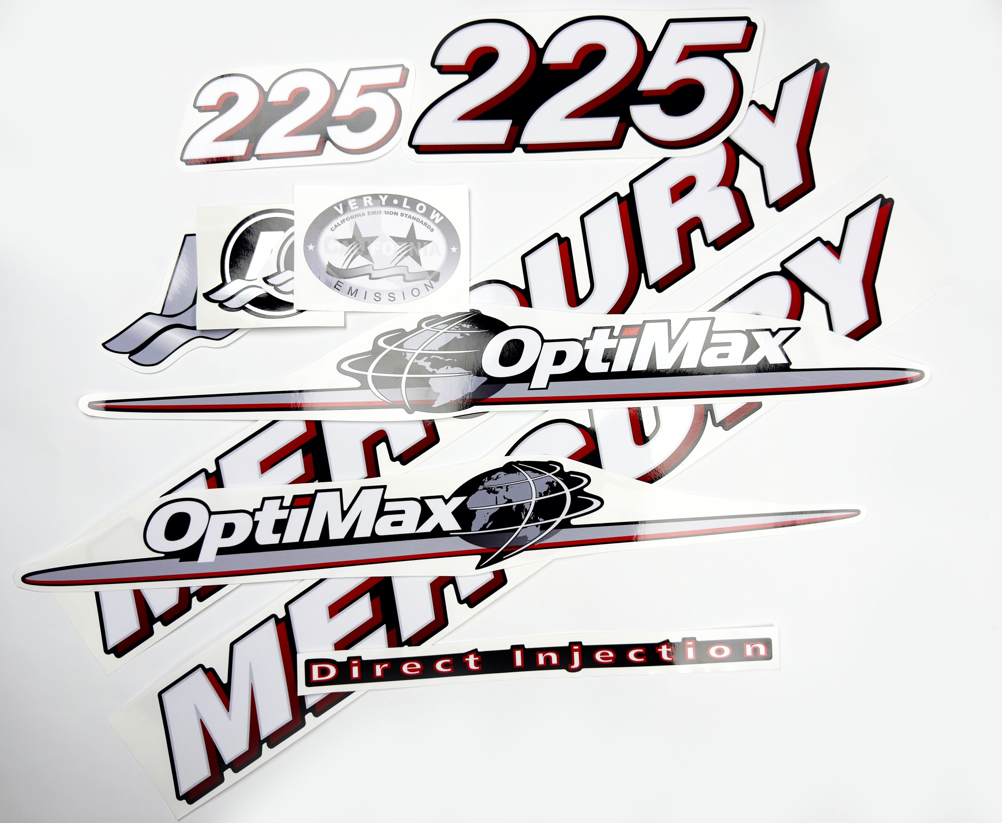 Vinyl graphic red and white decals set suitable for Mercury 225 hp OptiMax two stroke outboard engine. Vinyl red stickers kit for Mercury 225 hp two stroke Handmade