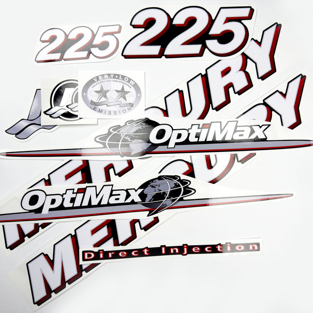 Vinyl graphic red and white decals set suitable for Mercury 225 hp OptiMax two stroke outboard engine. Vinyl red stickers kit for Mercury 225 hp two stroke Handmade