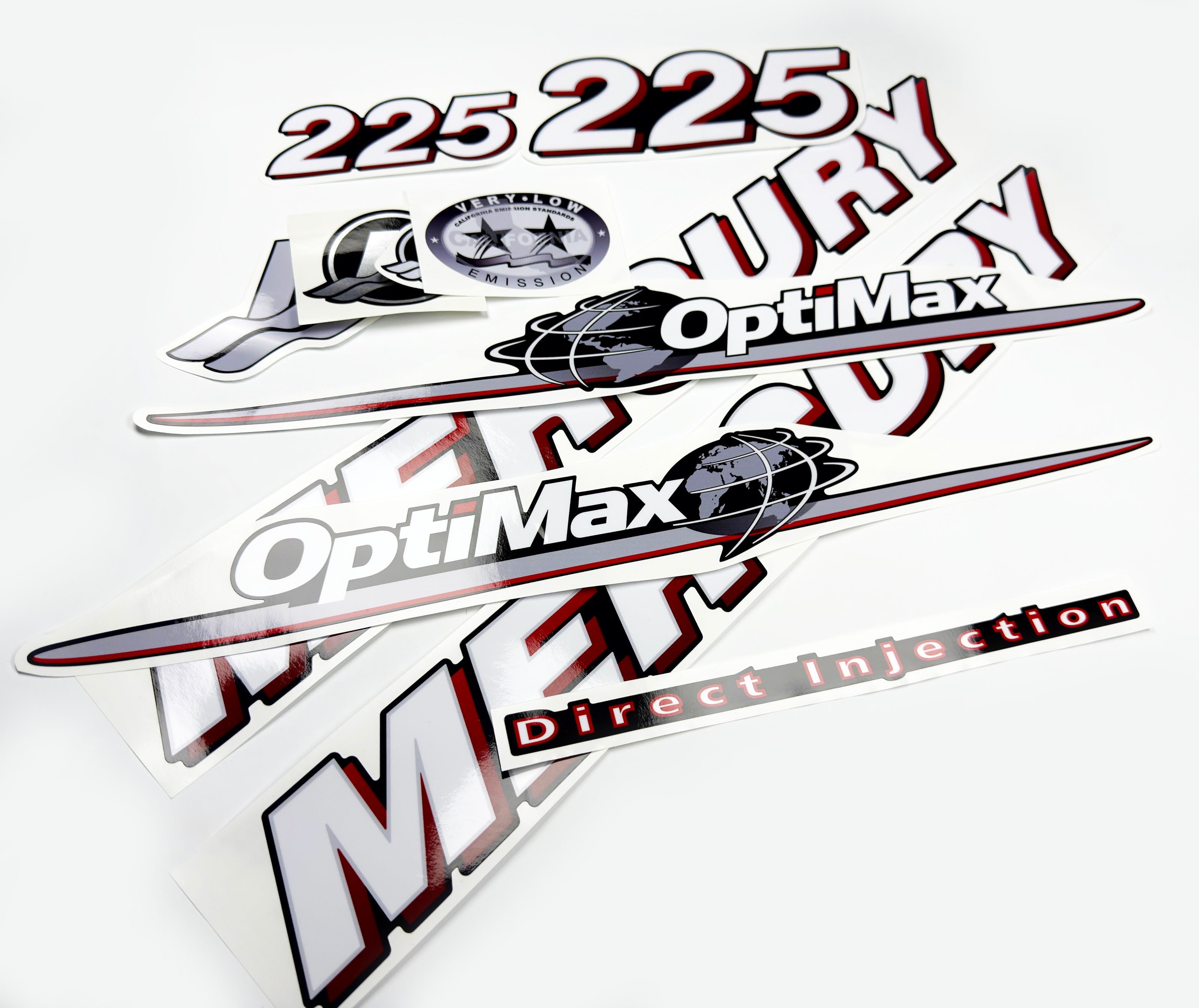 Vinyl graphic red and white decals set suitable for Mercury 225 hp OptiMax two stroke outboard engine. Vinyl red stickers kit for Mercury 225 hp two stroke Handmade