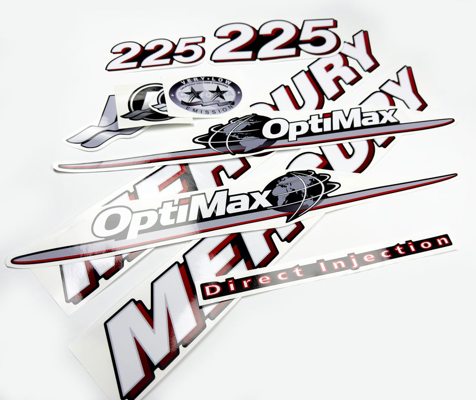 Vinyl graphic red and white decals set suitable for Mercury 225 hp OptiMax two stroke outboard engine. Vinyl red stickers kit for Mercury 225 hp two stroke Handmade