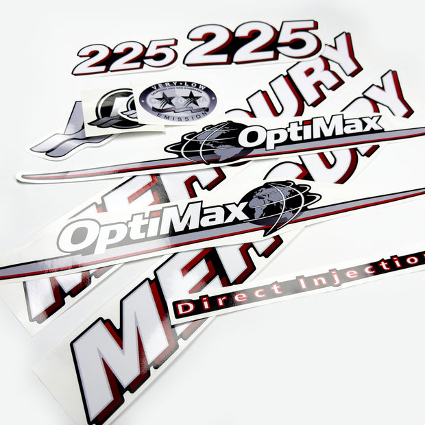 Vinyl graphic red and white decals set suitable for Mercury 225 hp OptiMax two stroke outboard engine. Vinyl red stickers kit for Mercury 225 hp two stroke Handmade