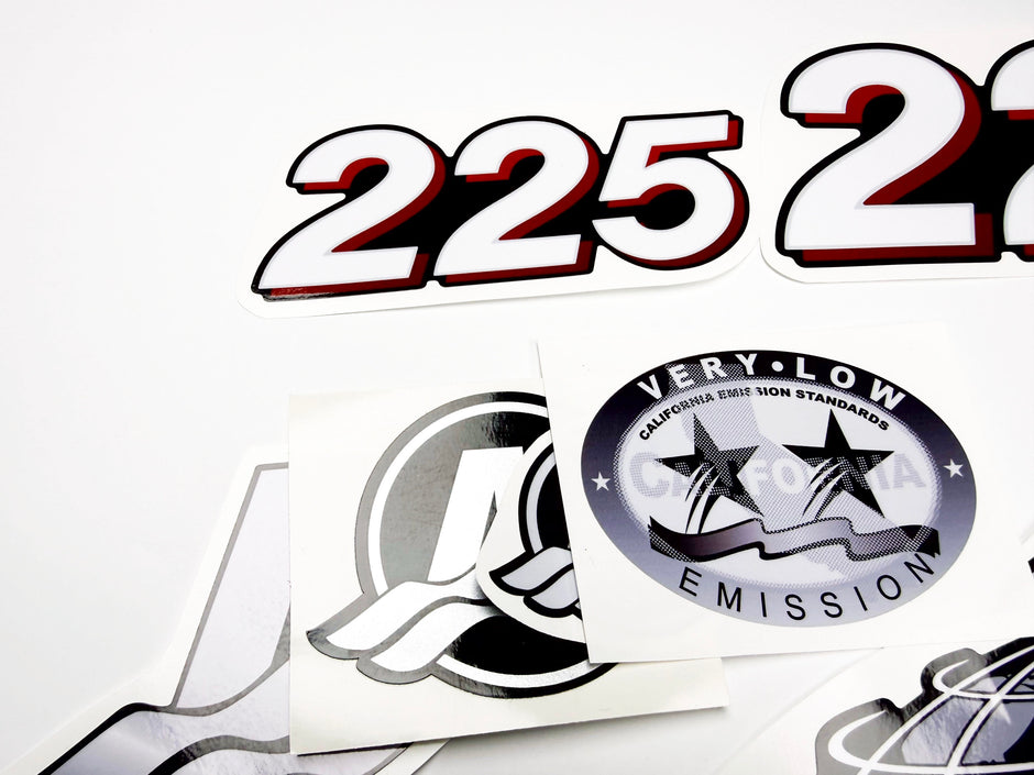 Vinyl graphic red and white decals set suitable for Mercury 225 hp OptiMax two stroke outboard engine. Vinyl red stickers kit for Mercury 225 hp two stroke Handmade