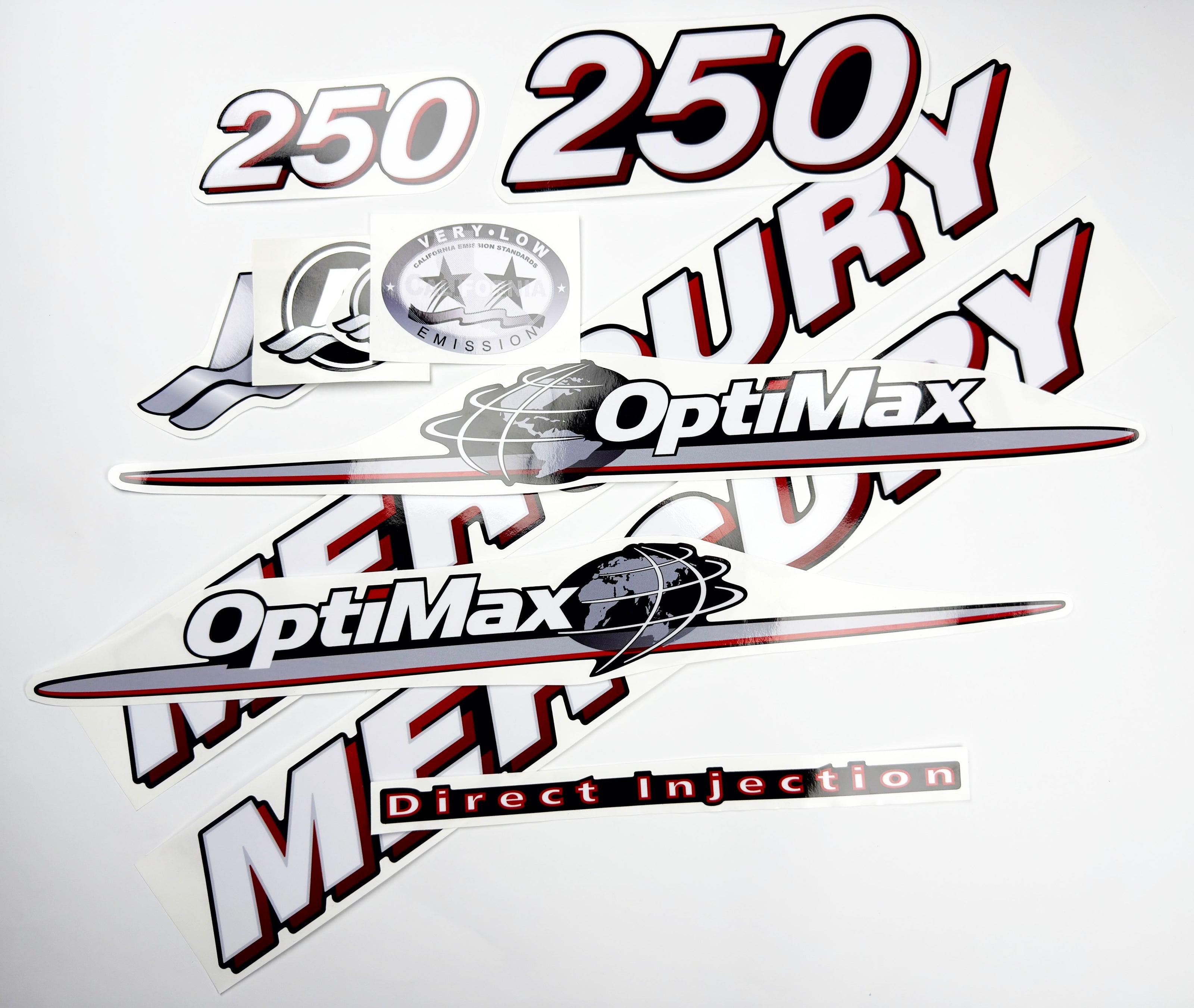 Vinyl graphic red and white decals set suitable for Mercury 250 hp OptiMax two stroke outboard engine. Vinyl red stickers kit for Mercury 250 hp two stroke Handmade