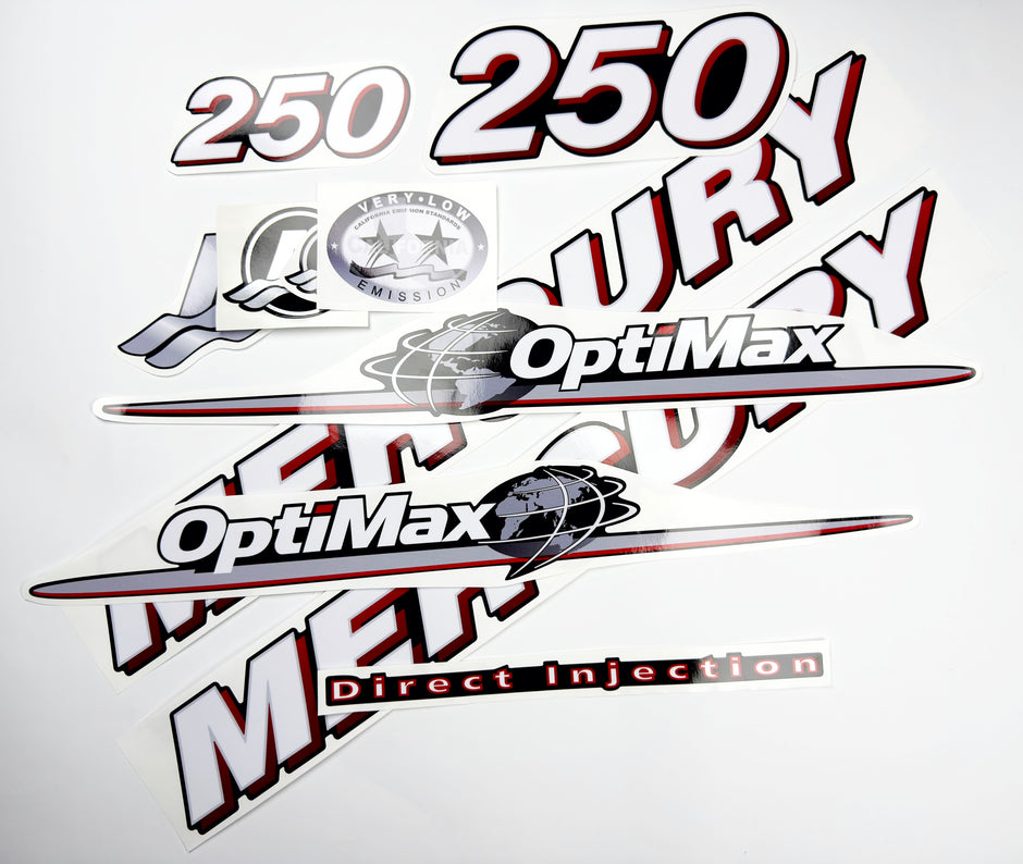 Vinyl graphic red and white decals set suitable for Mercury 250 hp OptiMax two stroke outboard engine. Vinyl red stickers kit for Mercury 250 hp two stroke Handmade