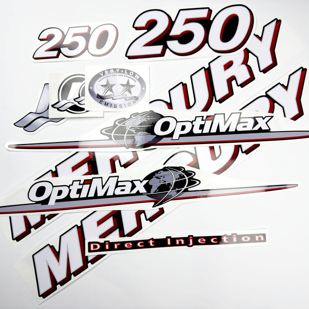 Vinyl graphic red and white decals set suitable for Mercury 250 hp OptiMax two stroke outboard engine. Vinyl red stickers kit for Mercury 250 hp two stroke Handmade