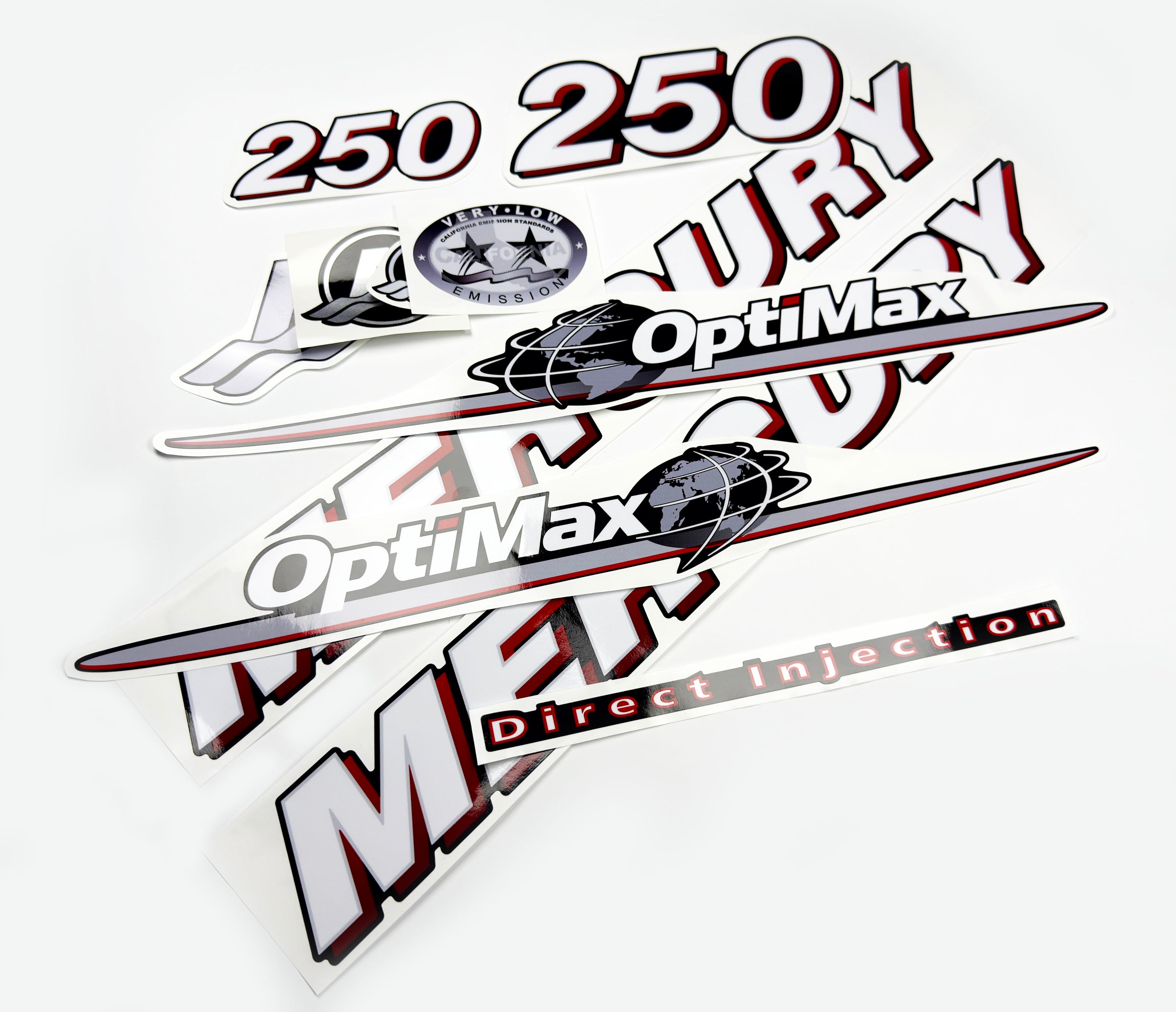 Vinyl graphic red and white decals set suitable for Mercury 250 hp OptiMax two stroke outboard engine. Vinyl red stickers kit for Mercury 250 hp two stroke Handmade