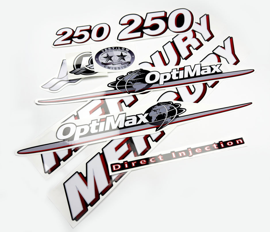 Vinyl graphic red and white decals set suitable for Mercury 250 hp OptiMax two stroke outboard engine. Vinyl red stickers kit for Mercury 250 hp two stroke Handmade