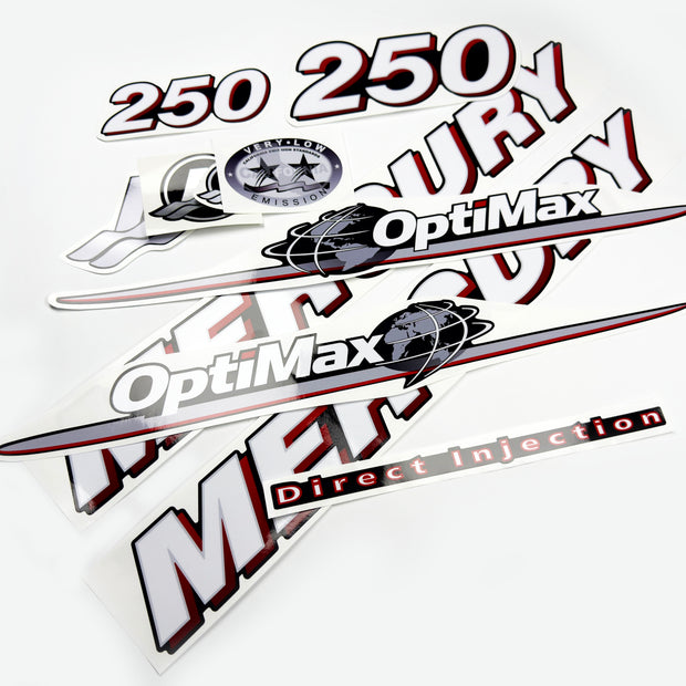Vinyl graphic red and white decals set suitable for Mercury 250 hp OptiMax two stroke outboard engine. Vinyl red stickers kit for Mercury 250 hp two stroke Handmade