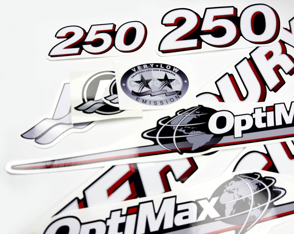 Vinyl graphic red and white decals set suitable for Mercury 250 hp OptiMax two stroke outboard engine. Vinyl red stickers kit for Mercury 250 hp two stroke Handmade