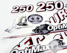 Vinyl graphic red and white decals set suitable for Mercury 250 hp OptiMax two stroke outboard engine. Vinyl red stickers kit for Mercury 250 hp two stroke Handmade
