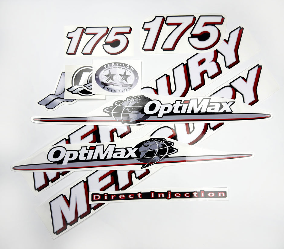 Vinyl graphic red and white decals set suitable for Mercury 175 hp OptiMax two stroke outboard engine. Vinyl red stickers kit for Mercury 175 hp two stroke Handmade
